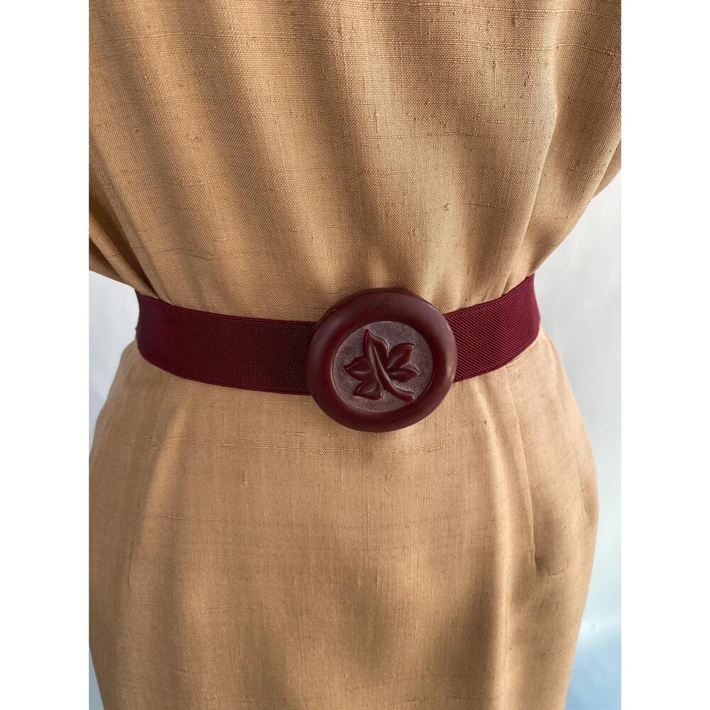 Vintage Oxblood Cinch Belt, Leaf Buckle, Stretches 22-30